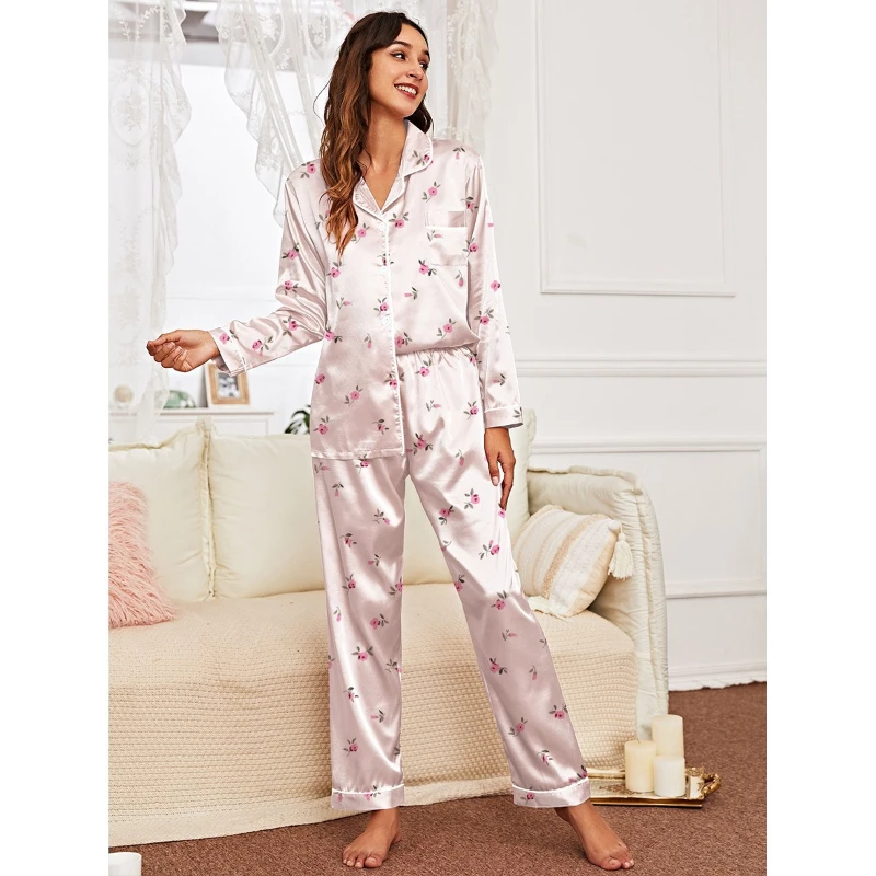 Women Floral Print Button Down Pajama Set 2Pcs Fall Winter Long Sleeve Loungewear Homewear Sleepwear UPS Air 3-5Day Delivery