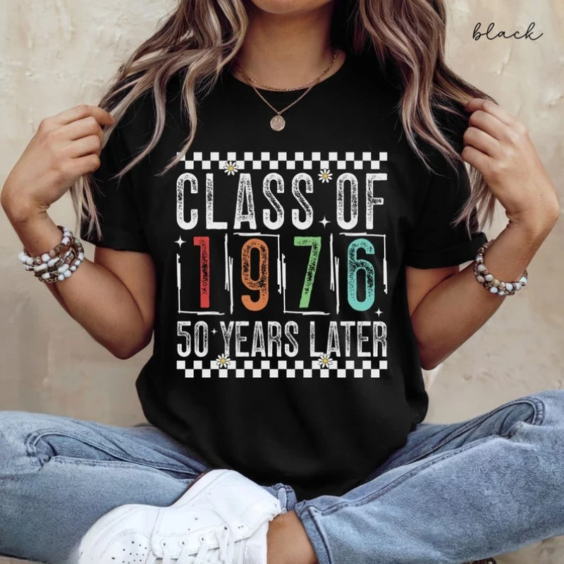 50th Reunion Woman with Flowers Class of 1976 Group Matching Printed TShirts Tops Fashion All-match Casual Style Short-sleev