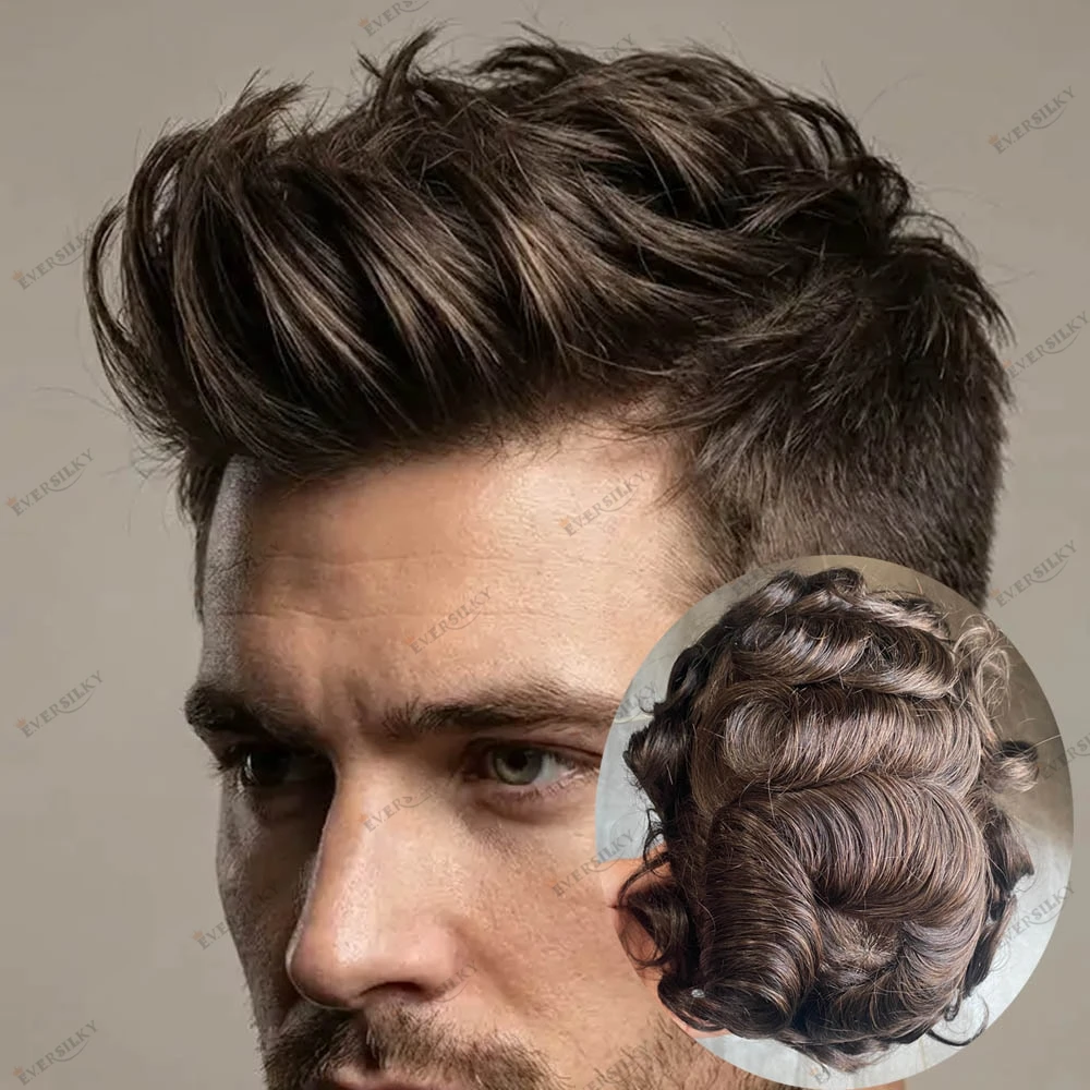 

Natural Wavy 30mm Wave Man Human Hair Toupee Strong 0.12mm Skin PU Natural Hairline #2 #3 Dark Brown Hair Replacement Prosthesis