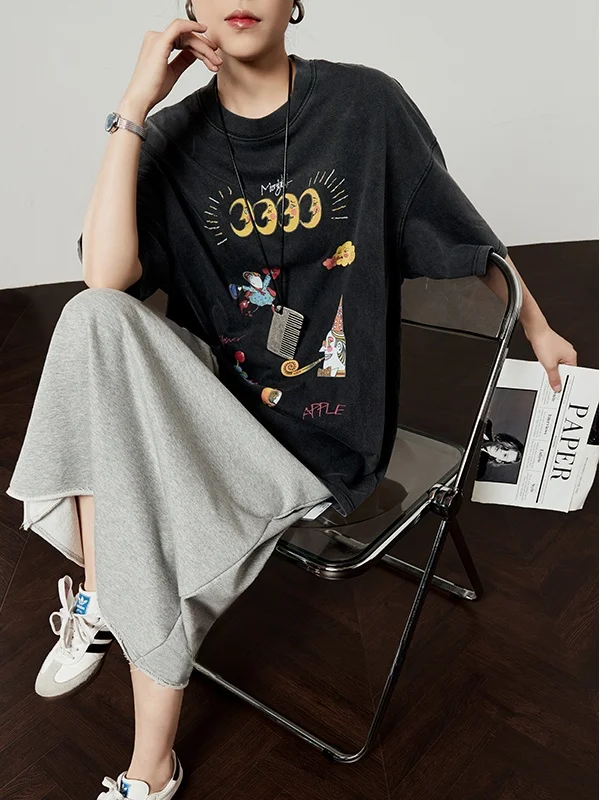 

Retro Print Loose Casual ort Sve T-irt Women's Summer New Design Sensation Cotton Sweat Absorbent round Ne Top