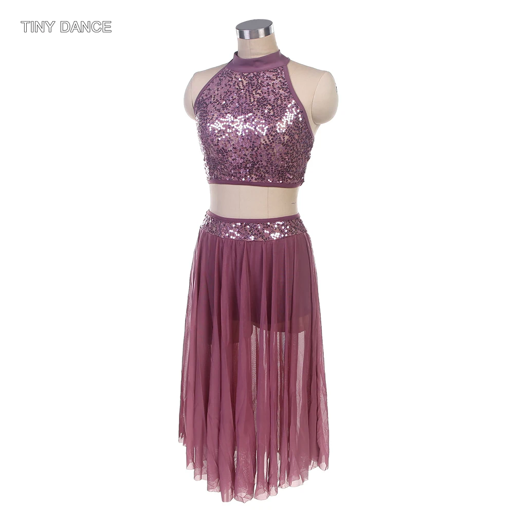 2 in 1 Purple Grey Ballet Lyrical Contemporary Dress Costume Set Sequin Lace Bra Top and Mesh Skirts for Stage Performance 18005