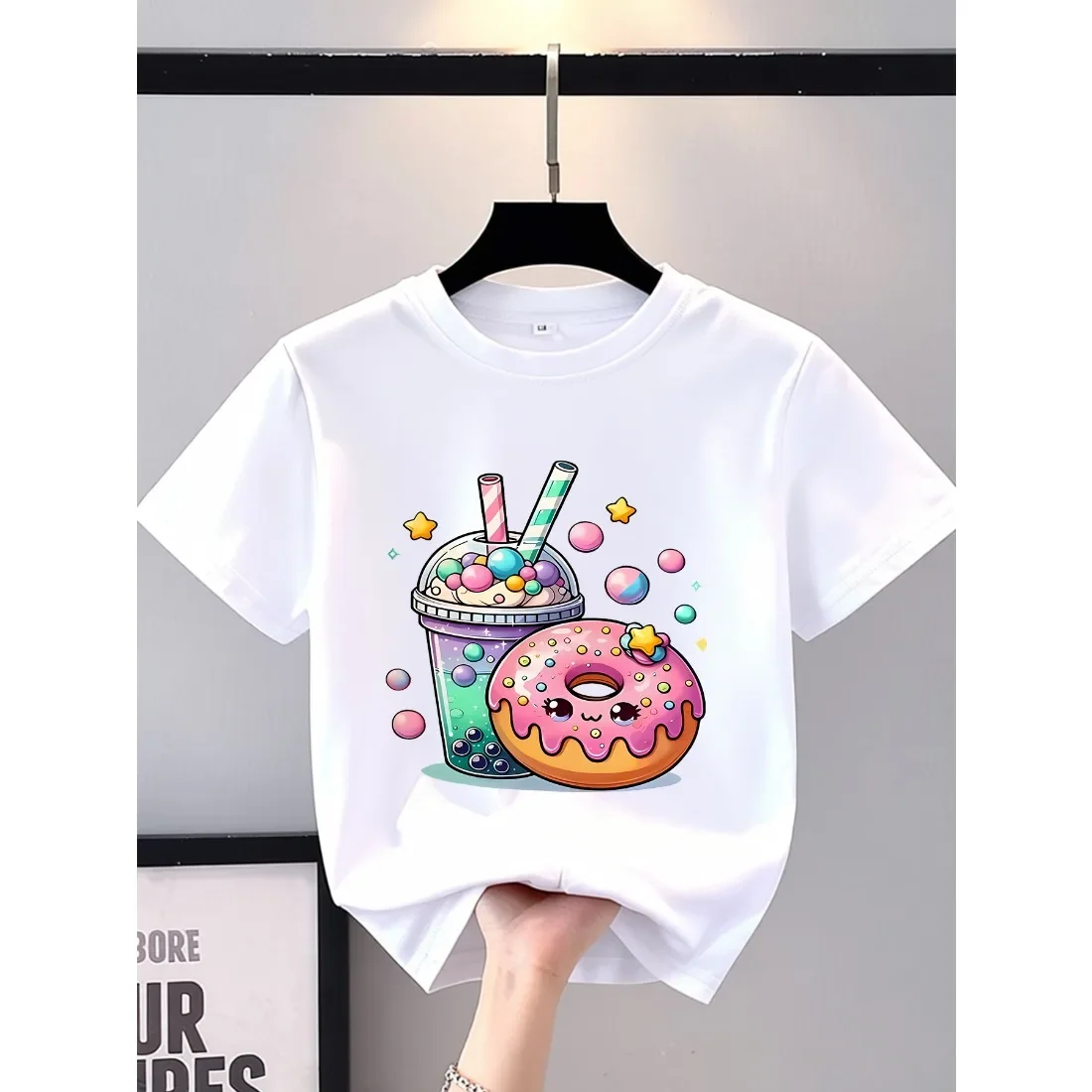 Children's T-shirt Soft Skin Friendly Breathable Loose Comfortable Casual Fashionable Cute Donut Milk Tea Short Sleeved
