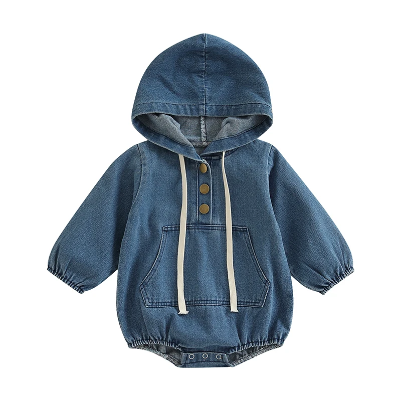 2022-08-04 Lioraitiin 0-24M Infant Baby Boy Fall Hooded Bodysuit Long Sleeve Button Front Solid Color Denim Jumpsuit