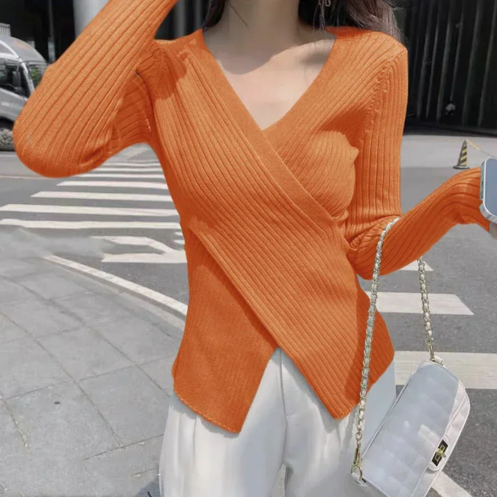 

Criss-cross Long Sleeved V Neck Knitted Sweater Girl Orange Khaki Yellow Long-Sleeved T Shirt Sweaters Women Slim Pullover Tops