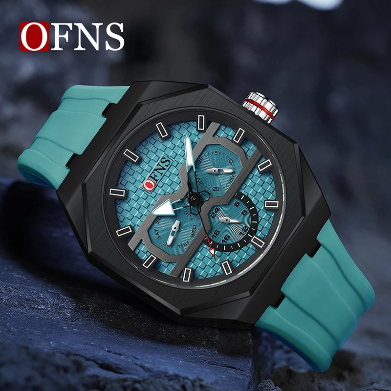 OFNS جديد 8023 موضة ساعة كوارتز رجالية شريط بسيط موازين الأظافر ثلاثة عيون ستة إبر مقاوم للماء ضوء الليل ساعة كوارتز رجالية