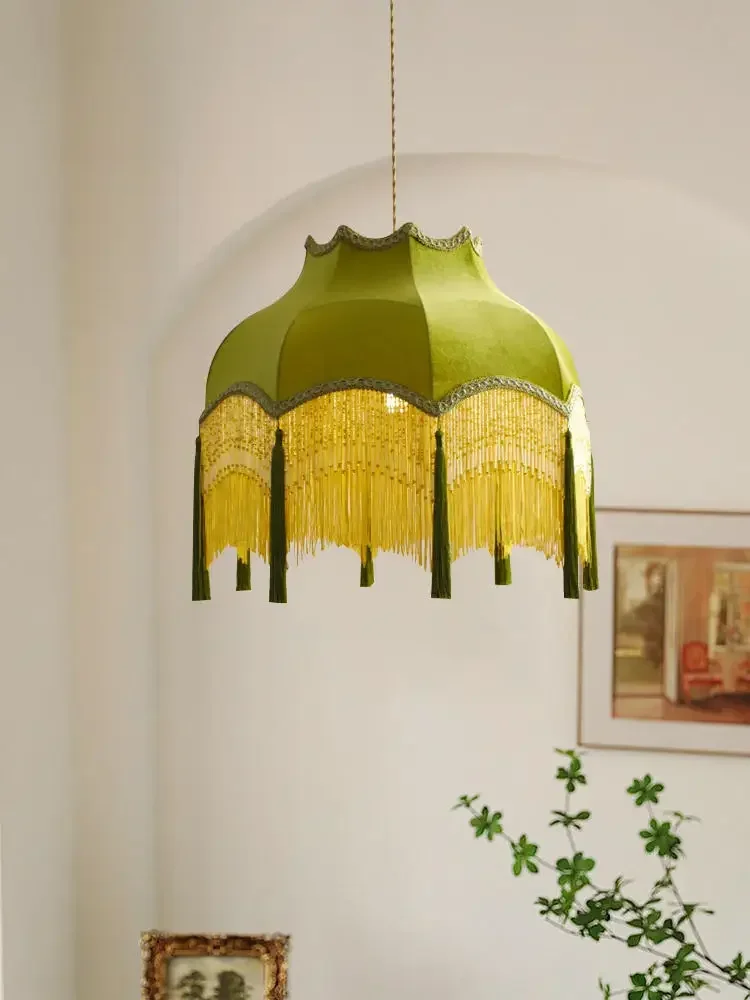 Vintage Tassels Led Pendant Lights Green Cloth Bedside Chandeliers Kitchen Island Hanging Lamps Home Decorations Lustre Fixutre