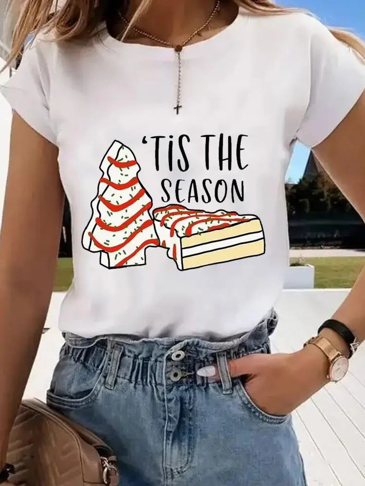 Cartoon Style Letter Print Women Tee Christmas Holiday Top Fashion Lady New Year Shirt Clothing Clothes Graphic T-shirts