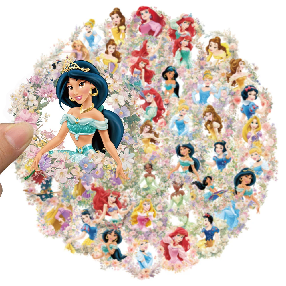 50 Stück transparente Disney-Prinzessinnen-Blumenaufkleber, niedliche Cartoon-Aufkleber mit Rapunzel, Ariel und Belle, für Laptop, Gepäck, Telefon, PET-Aufkleber-Set – Detail 3