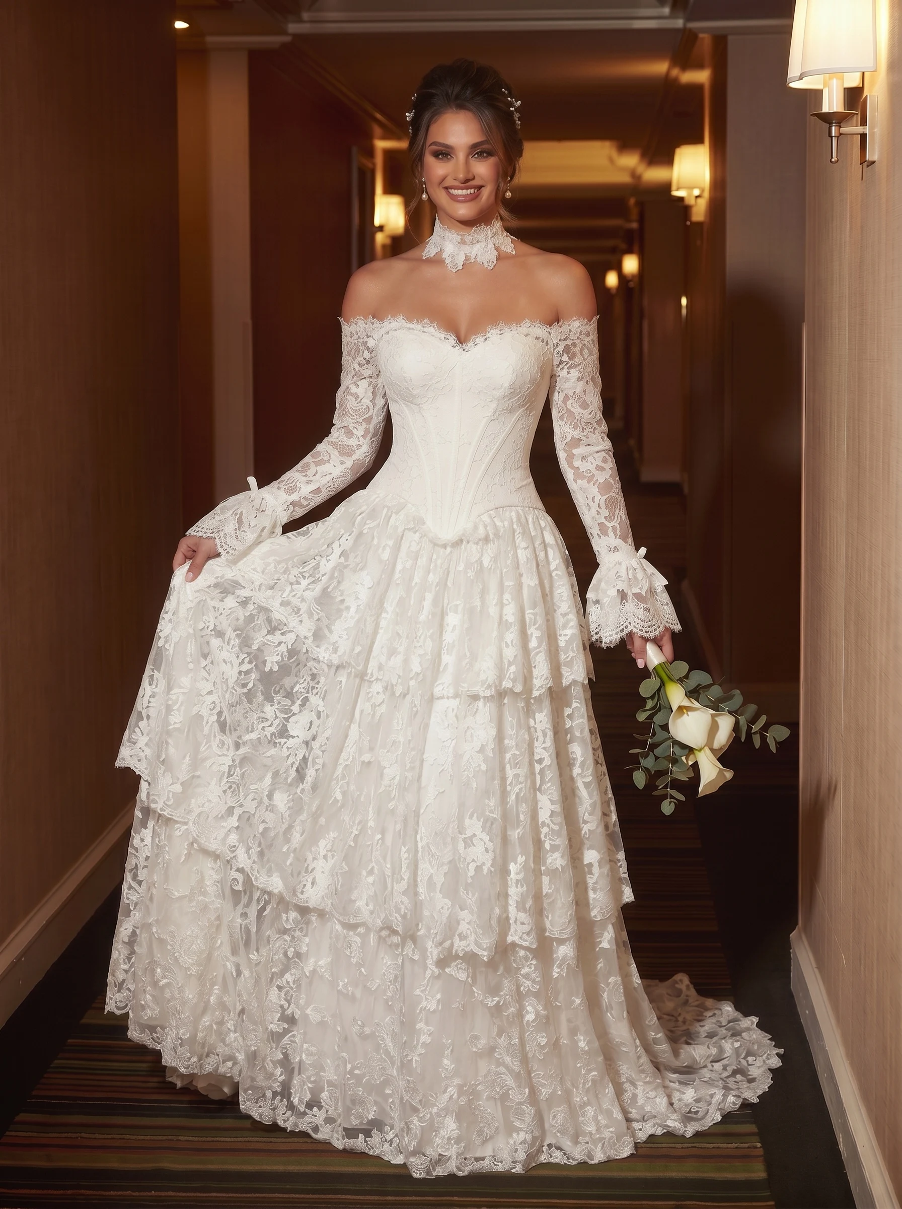 Off-the-Shoulder Lace Corset Tiered Wedding Dress with Long Bell Sleeves, High Neck Lace Choker and Romantic Train Bridal Gown