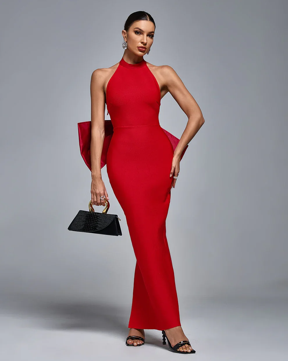 Sexy Backless Bow Sleeveless Bow Midi Bodycon Prom Bandage Dress Maxi White Red Celebrity Evening Runway Cocktail Party Dress