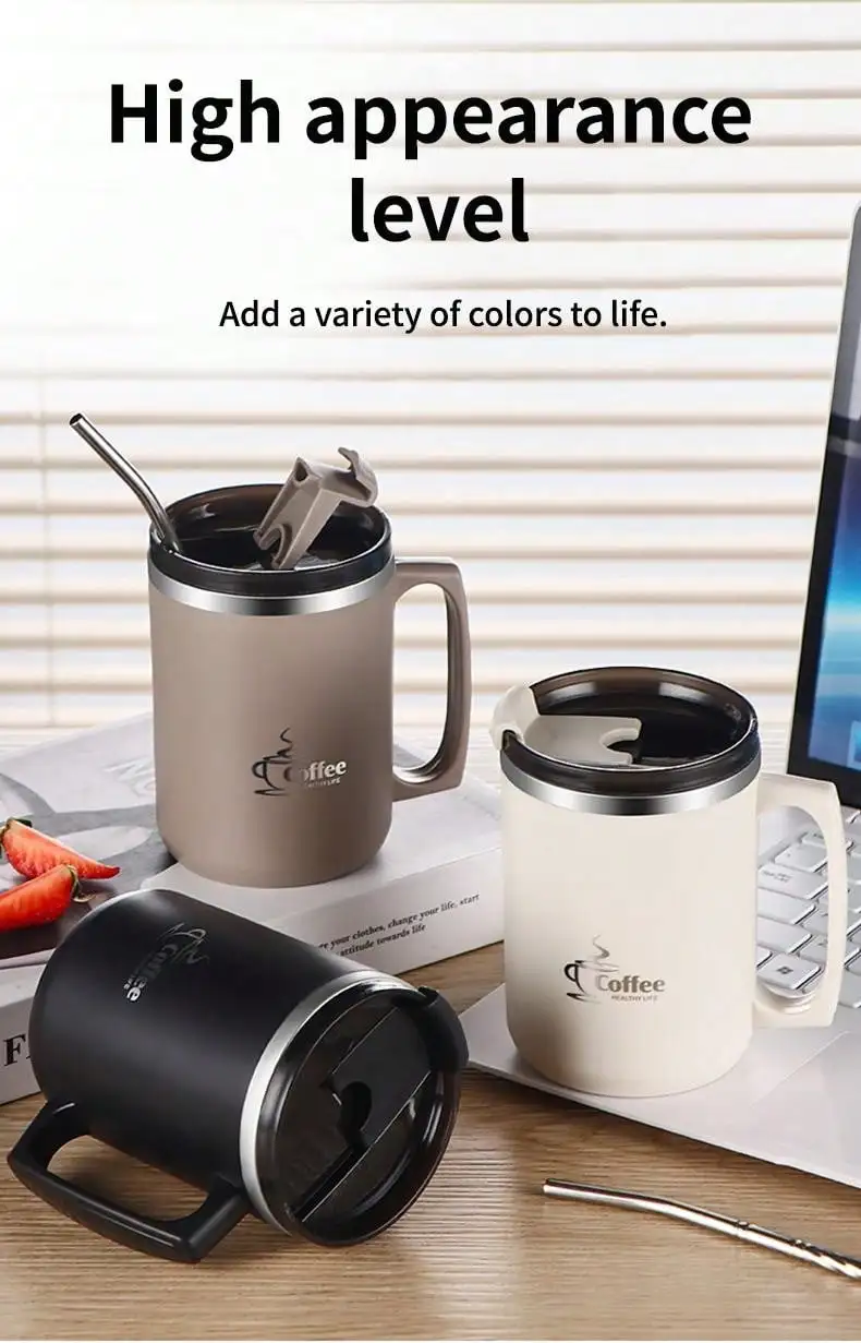 Description Picture 3 of itemWORTHBUY Reusable Insulated Coffee Mug 304 Stainless Steel Water Cup For Student Adult Anti-scald Drinking Cup With Handle & Lid