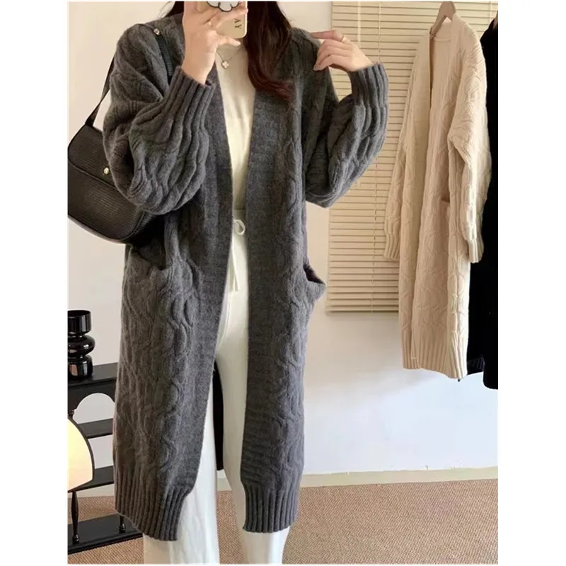 Korean Style V-Neck Cardigan for Women, Solid Color Mid-Long Lazy Knit Sweater, Soft Cozy Elegant Casual Outerwear