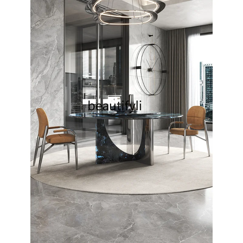 

Black-Capped Kingfisher Marble round Dining Table with Turntable Modern Restaurant Luxury Stone Dining Tables and Chairs