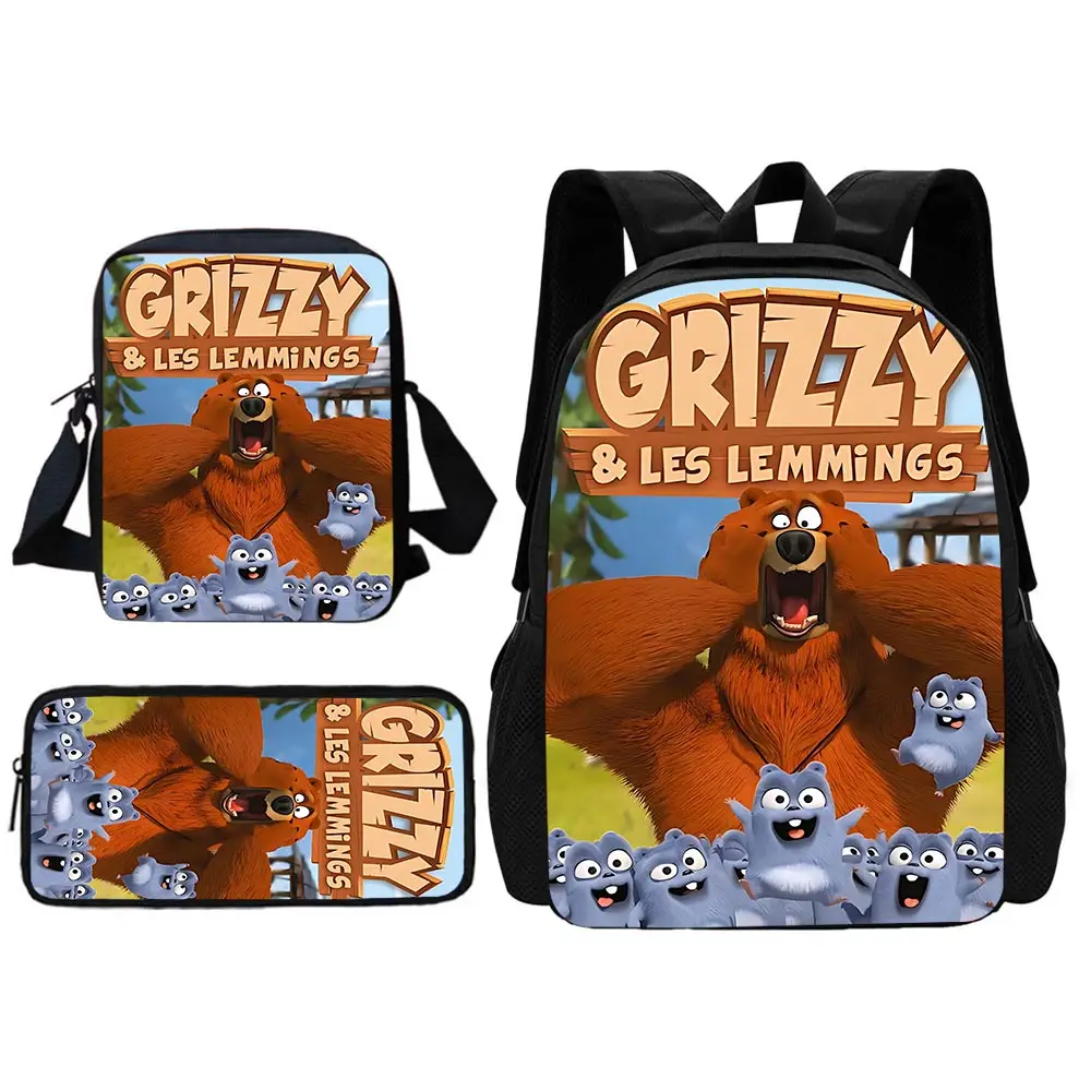 GRIZZY AND THE LEMMINGS Child School Backpack With Shoulder Bag Pencil Bags School Bags for Boys Girls Best Gift