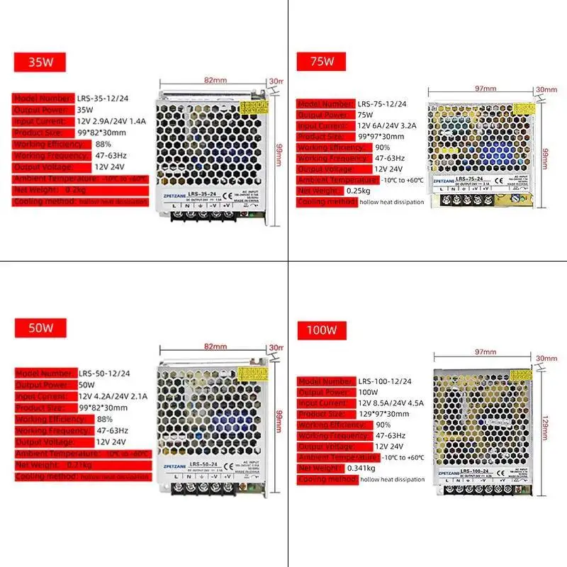 مصدر طاقة بتبديل تيار مستمر رفيع للغاية من سلسلة lr ، دائرة قصيرة ، حماية من الجهد الزائد ، 35 واط ، 50 واط ، 75 واط ، 750 واط ، مرة مرة واحدة ، من V إلى 12 فولت ، 24 فولت