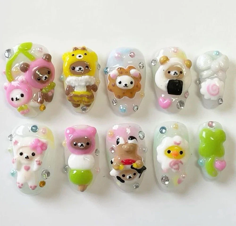 10Pcs Kawaii Rilakkuma 3D 인형 프레스 네일 아트 수제 아몬드 베어 귀여운 맞춤형 가짜 손톱 소녀 파티 생일 선물