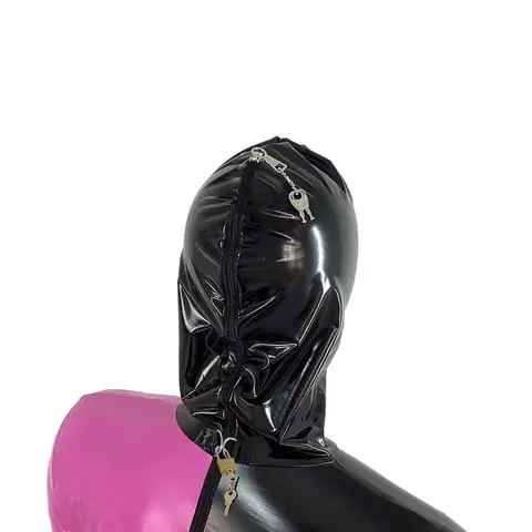 Rave Party Long Hooded Dress Unisex Wet PVC Leather Gloved Sleeve Patchwork Dress Exotic Lockable Maxi Dress Plus Size Clubwear