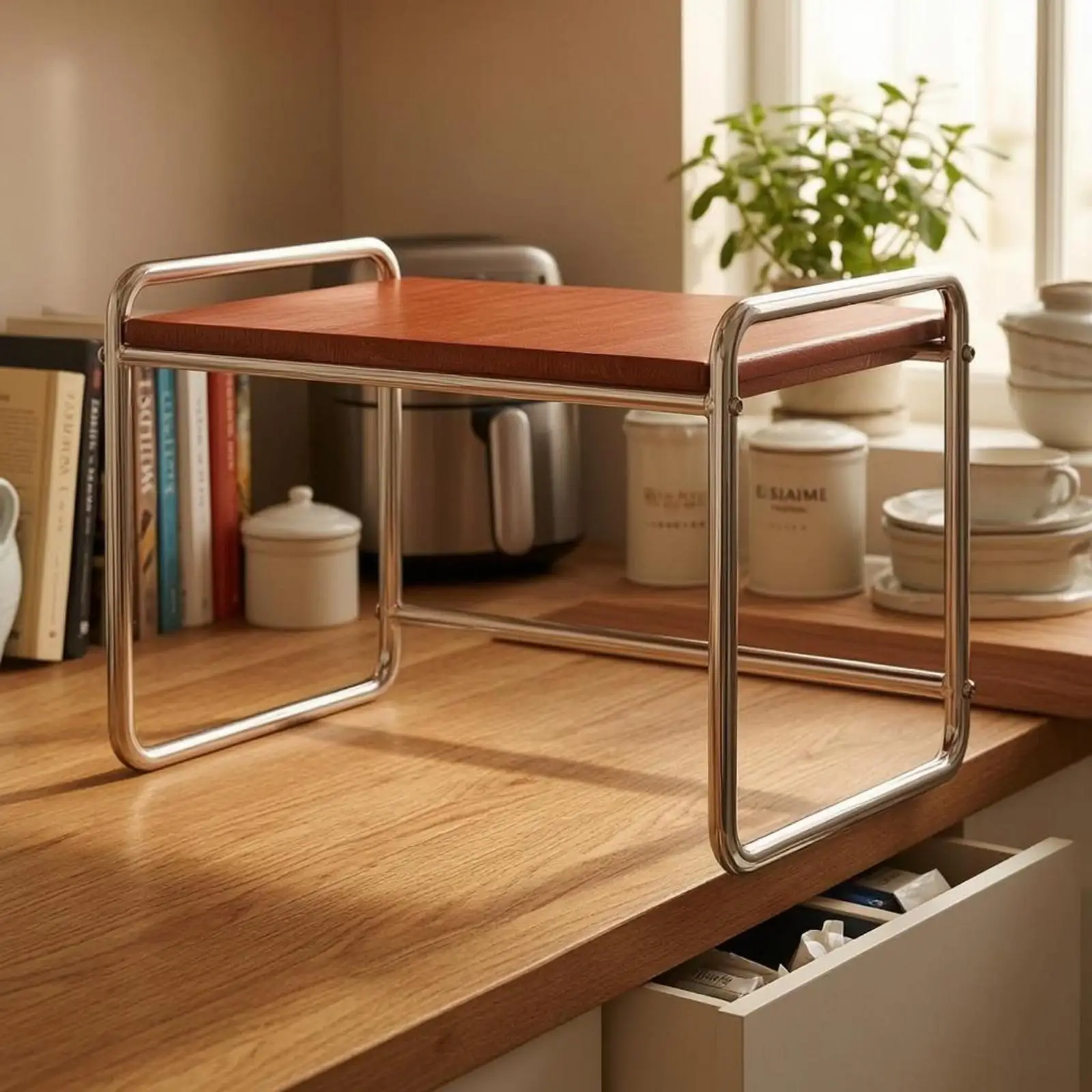 Desktop Shelf Storage Rack with Sturdy Metal Frame and Wood Surface for Kitchen Table Counter Organization