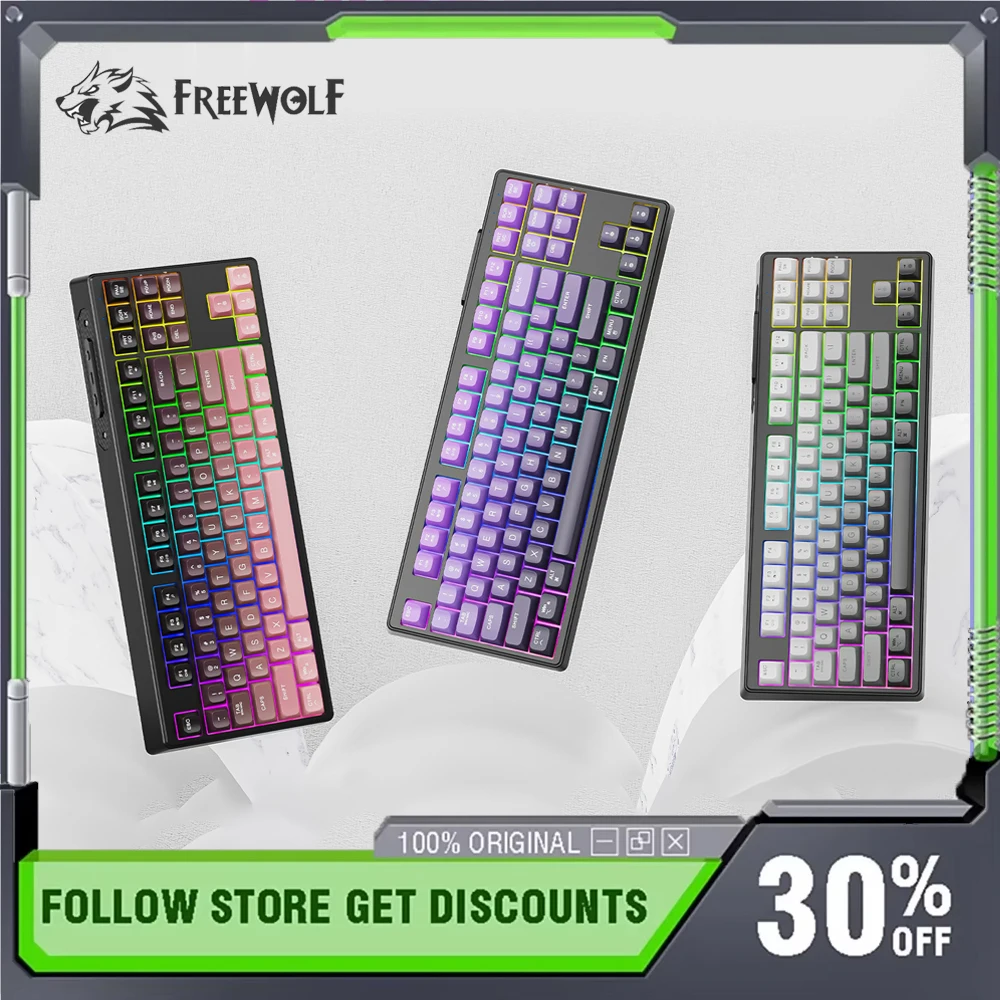 

FreeWolf M87 Беспроводная игровая клавиатура Bluetooth Двухрежимная эргономичная конструкция Механическая RGB-клавиатура для киберспорта и геймера MAC