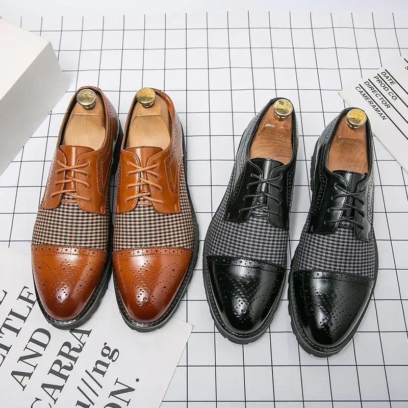 

New Men's Formal Wear Shoes Black and Golden Derby Shoes Square Toe Laces Fashion Business Shoes