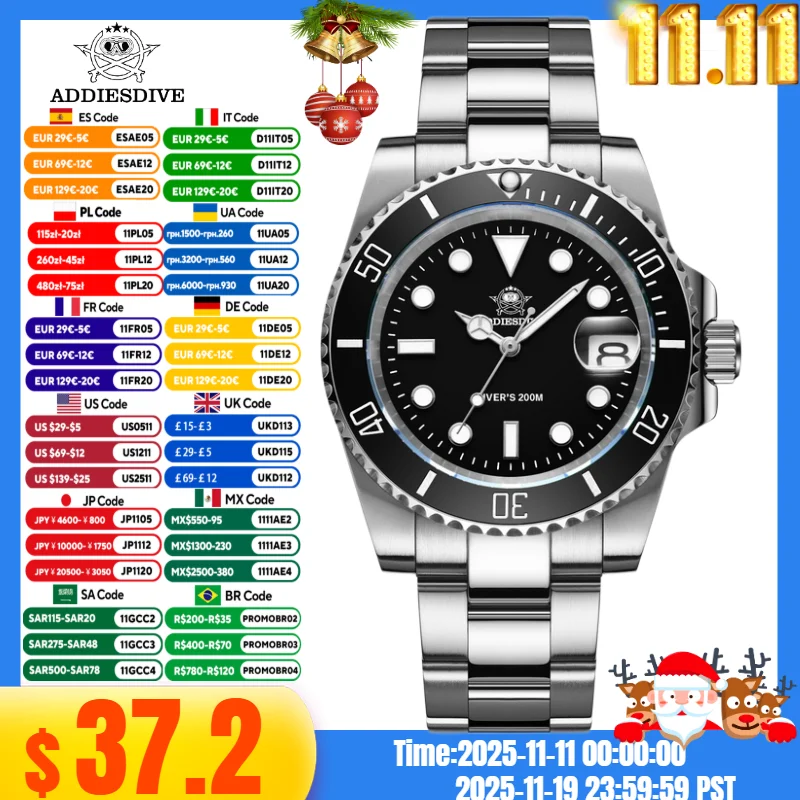 

ADDIESDIVE 41 мм часы для мужчин 20Bar C3 супер светящиеся reloj hombre кварцевые часы relogio masculino мужские стальные водонепроницаемые часы