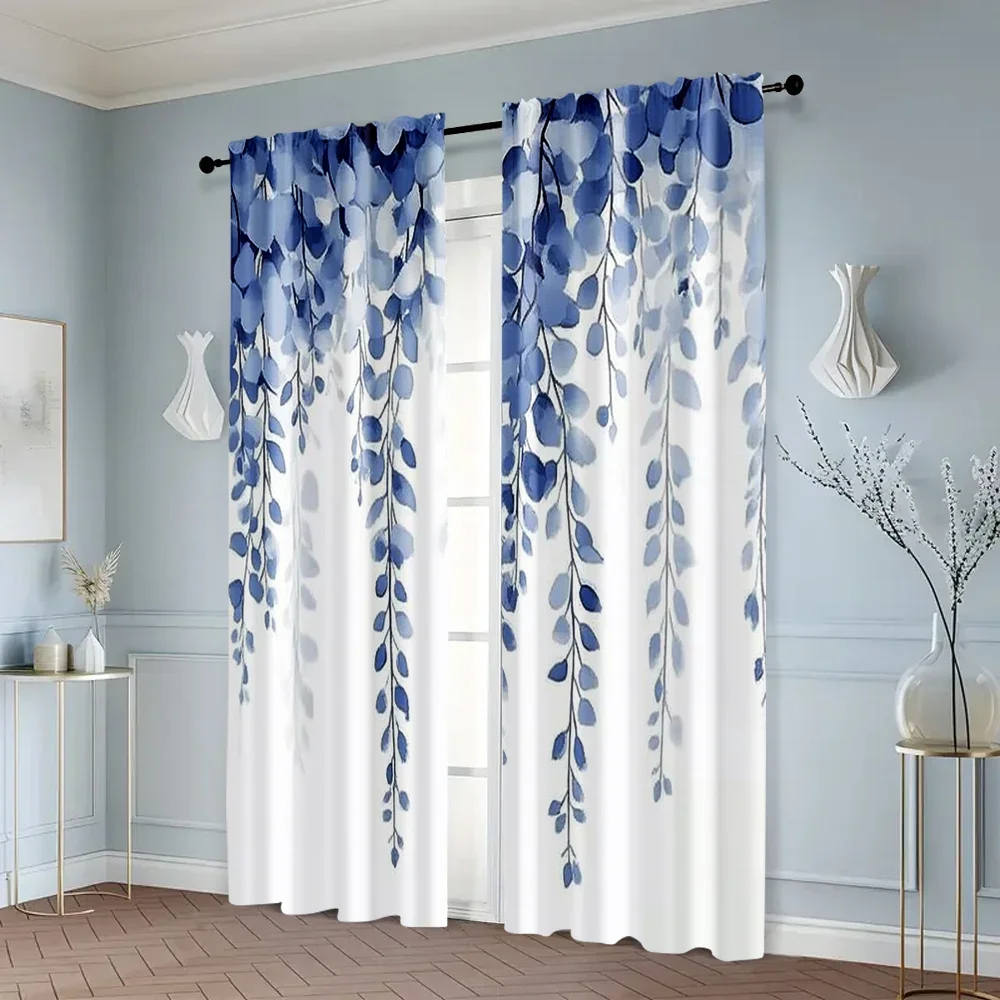 

2pcs, Curtains&Window Treatment print Blue Leaf Pattern Versatile Fabric (without rod) Versatile All Use for Living Room,