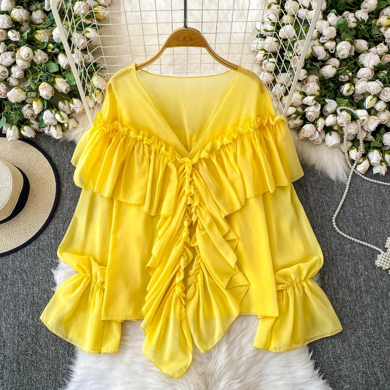 

V-neck flared sleeves sun protection women's summer new pleated design temperament loose ruffled edge elegant chiffon shirt