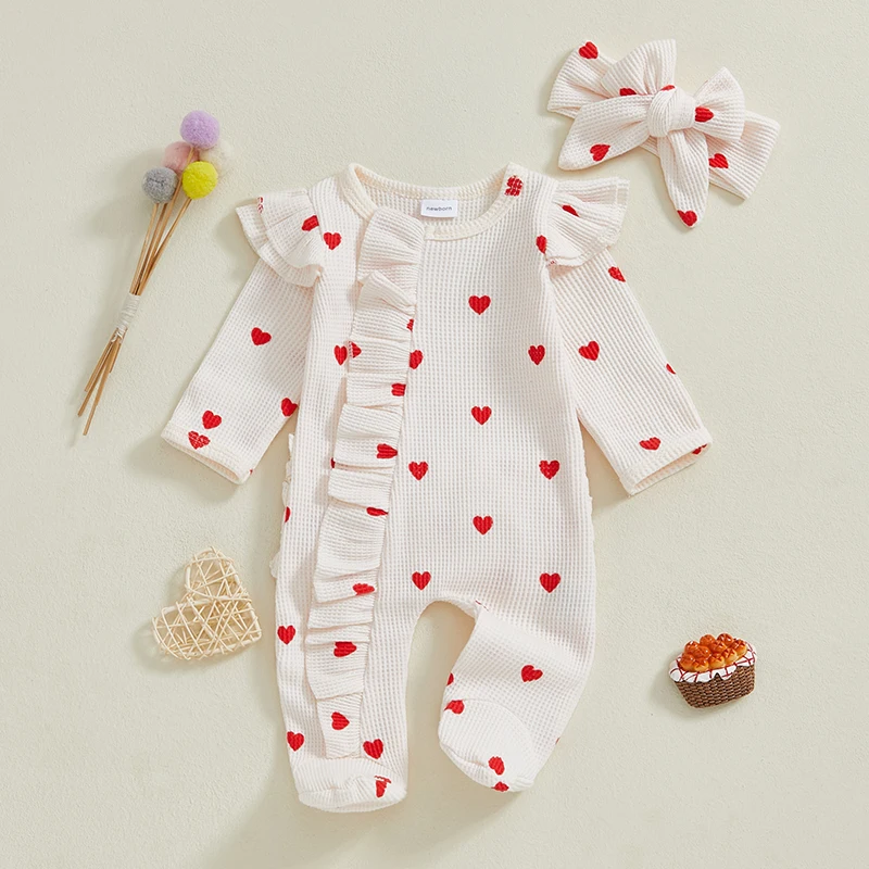 Baby Girl Valentine's Day Outfits Ruffles Love Heart Zip Up Footied Pajamas with Bow Headband 2 Pcs Coming Home Set