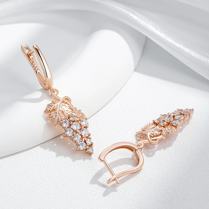 Kienl Hot Full Shiny Natural Zircon Long Drop Earring for Women 585 Rose Gold Color Unique Crystal Grape Daily Vintage Jewelry