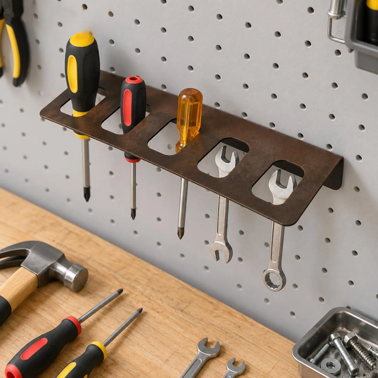 Black Metal Wall-Mounted Tool Organizer Space-Saving Metal Wall Tool Holder with Five Slots Sturdy Compact for Home Workspace