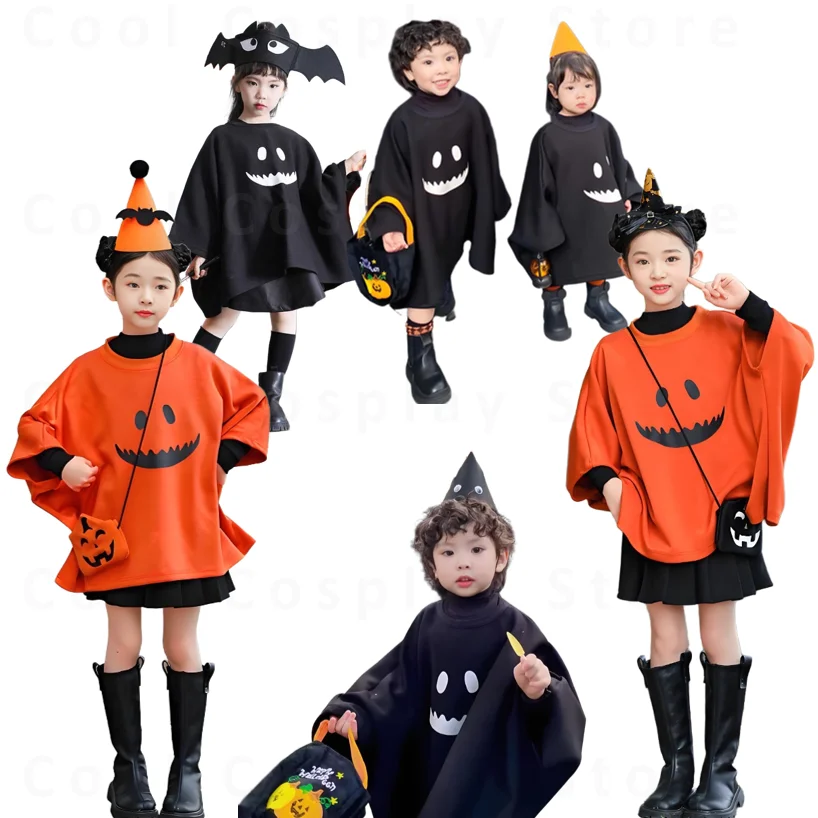 

Halloween Party Kids Black Orange Ghost Demon Dark Cape Cloak Cosplay Costume Bat Hat Devil Cloak Performance