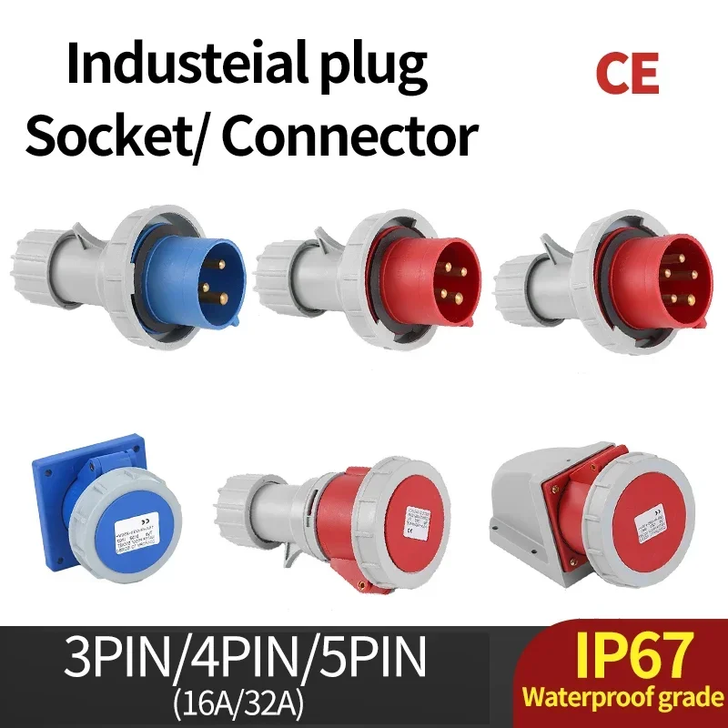 

Industrial Plug and Socket 3P/4P/5Pin Electrical Connector 16A 32A IP67waterproof Wall Mounted Socket MALE FEMALE 220V 380V