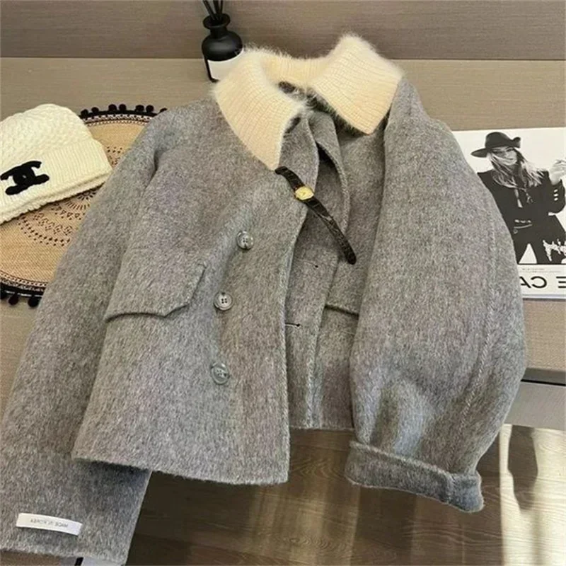 Boreathiman 2024 Luxury Women Woolen Coat Winter Detachable Knitted Collar Double-Sided Jackets Elegant Office Ladies Outerwear