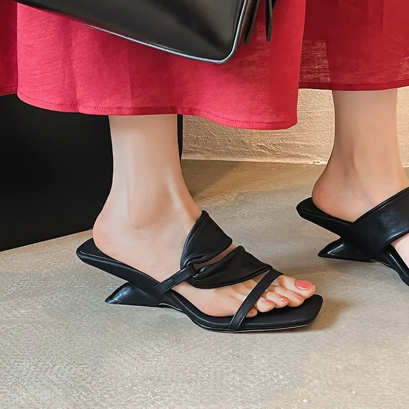 

Arden Furtado Summer Mixed Colors sheepskin Wedges Slippers Square toe Pull-on Middle heel Mules Large size Fashion slippers