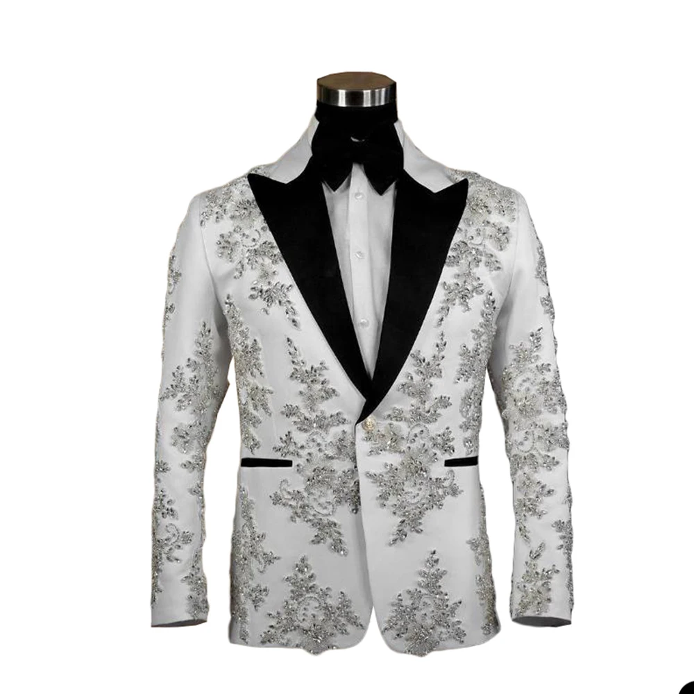 White Appliques Men Suit Tailor-Made One Piece Coat Blazer Suit Slim Formal Wedding Groom Business Prom Host Party Customized