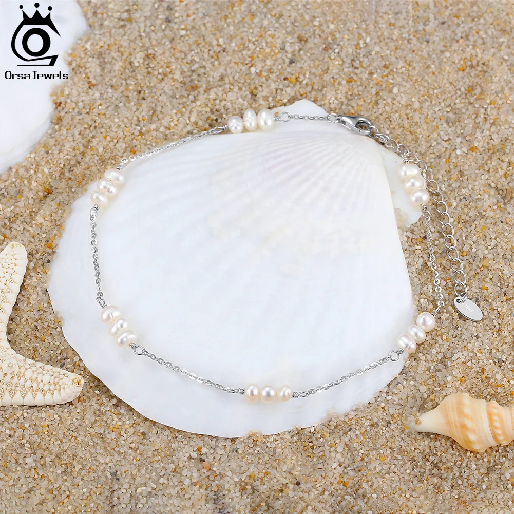 

ORSA JEWELS 925 Sterling Silver Real Pearl Charm Anklets for Women Fine Jewelry Fashion Foot Chain Holiday Gift Accessories SA36