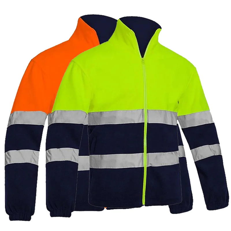 Men\'s Two Tone High Visibility Reflective Polar Fleece Jacket Safety Jacket Warm Work Wear Orange Winter Jacket