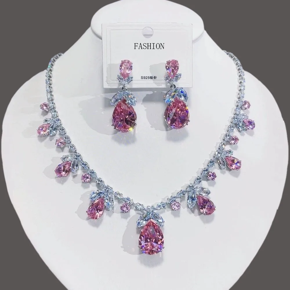 

Luxury Waterdrop Pendant Jewelry Set Earring Pink Necklace For Women Bridal Wedding Exquisite Fashion Zircon Party Banquet Gift