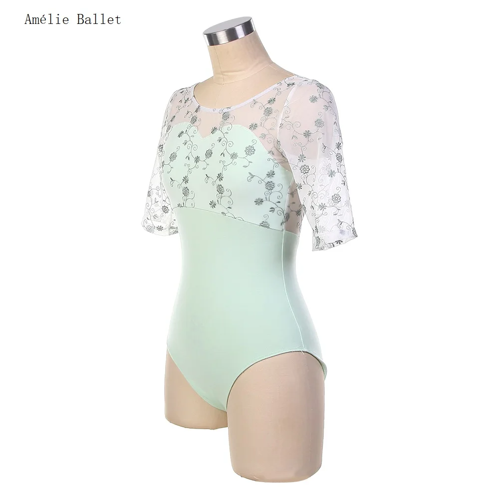 03D2401 Frete Grátis Adulto Dança Letoards Mid-mangas Verde/Branco Collant Low Back collant Mulheres Bailarina Roupas de Prática