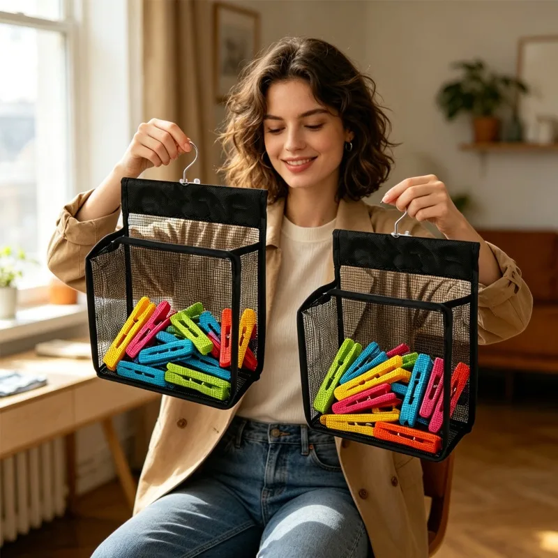 Black, mesh clothing clip storage bag, multi-functional mesh storage hanging bag, also suitable for bathroom, wardrobe, small items sorting hanging bag