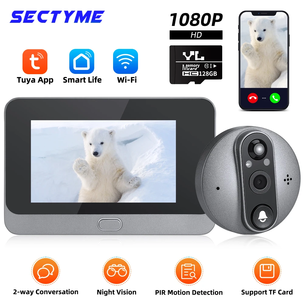 

Умная дверная фотокамера Sectyme Smart Tuya 1080P с Wi-Fi, 5000 мАч, аудио, 4,3 дюйма, инфракрасный дверной цифровой видеорегистратор с пассивным инфракрасным ночным видением