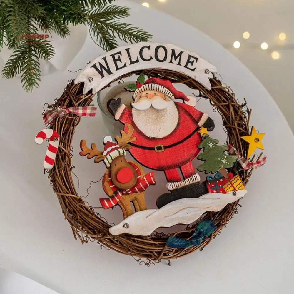 

Wooden Christmas Welcome Door Pendant Retro Creative Christmas Vine Ring Wall Hanging Cute Delicate
