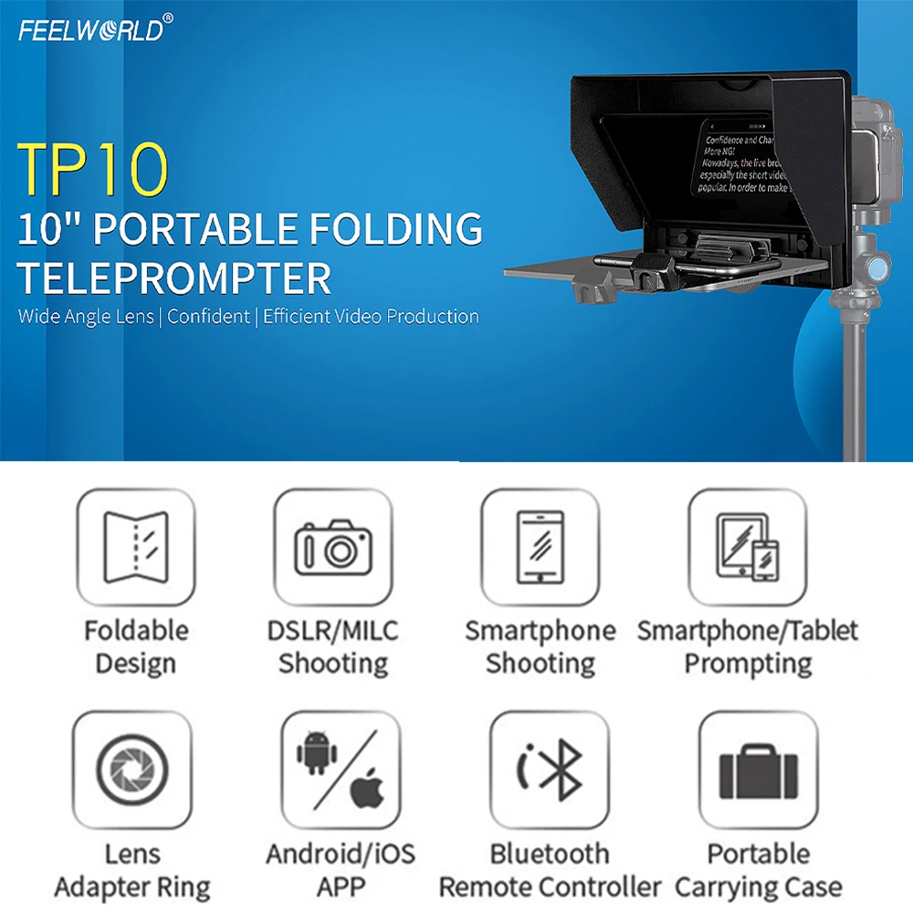 FEELWORLD TP10 Teleprompter portatile pieghevole da 10 pollici per smartphone/fotocamera DSLR con controllo Bluetooth e adattatore per obiettivo