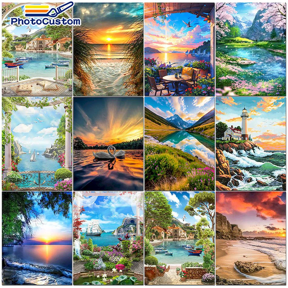 PhotoCustom Painting By Numbers Landscape DIY Paints By Number For Adults Kit Oil Paint On Canvas Picture By Number Home Decor