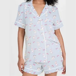 Cute 2 Piece Pyjamas Set for Women Y2k Bow Bunny Print Button Down Sleepwear  Loungewear Two Piece Easter Pjs Set