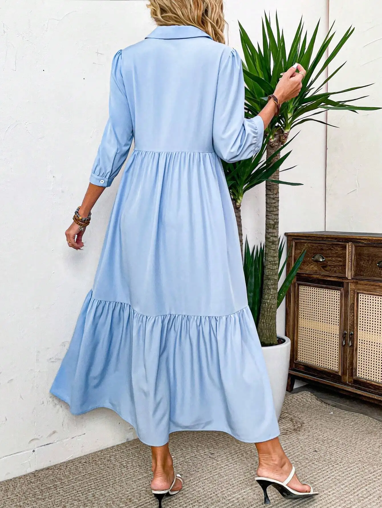 

Женское платье-рубашка с длинными рукавами, на пуговицах, макси, А-силуэт, однотонное синее