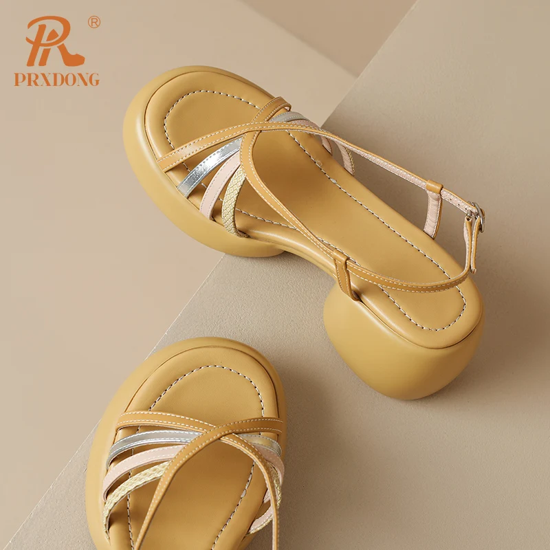 PRXDONG New Arrival Genuine Leather Chunky High Heel Platform Yellow Rose Red Summer Dress Party Casual Lady Shoes Woman Sandals