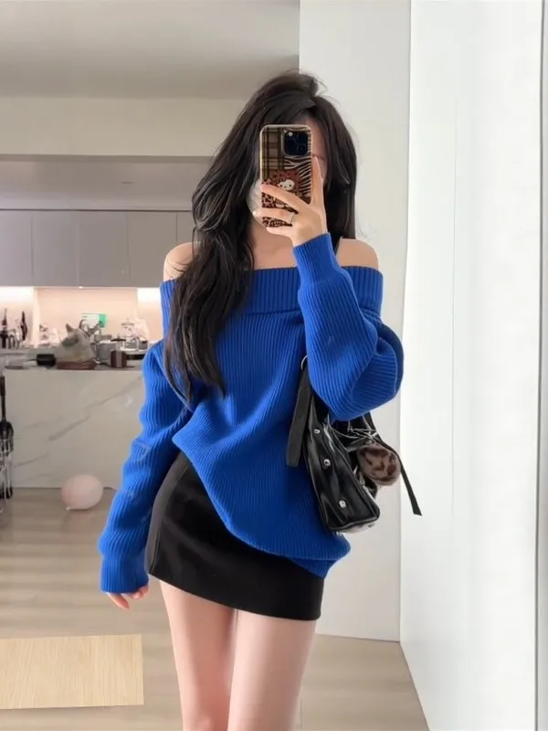 

Синий свободный повседневный вязаный свитер с открытыми плечами в корейском стиле, универсальный, для весны, модный, для женщин, дышащий, удобный