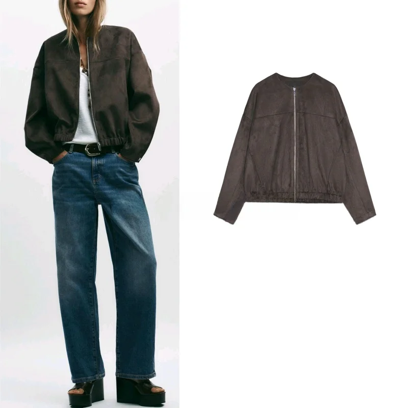 

Новинка осени: Женская удлиненная куртка с круглым вырезом, длинными рукавами, молнией и эффектом искусственной замши, прямого кроя, повседневная