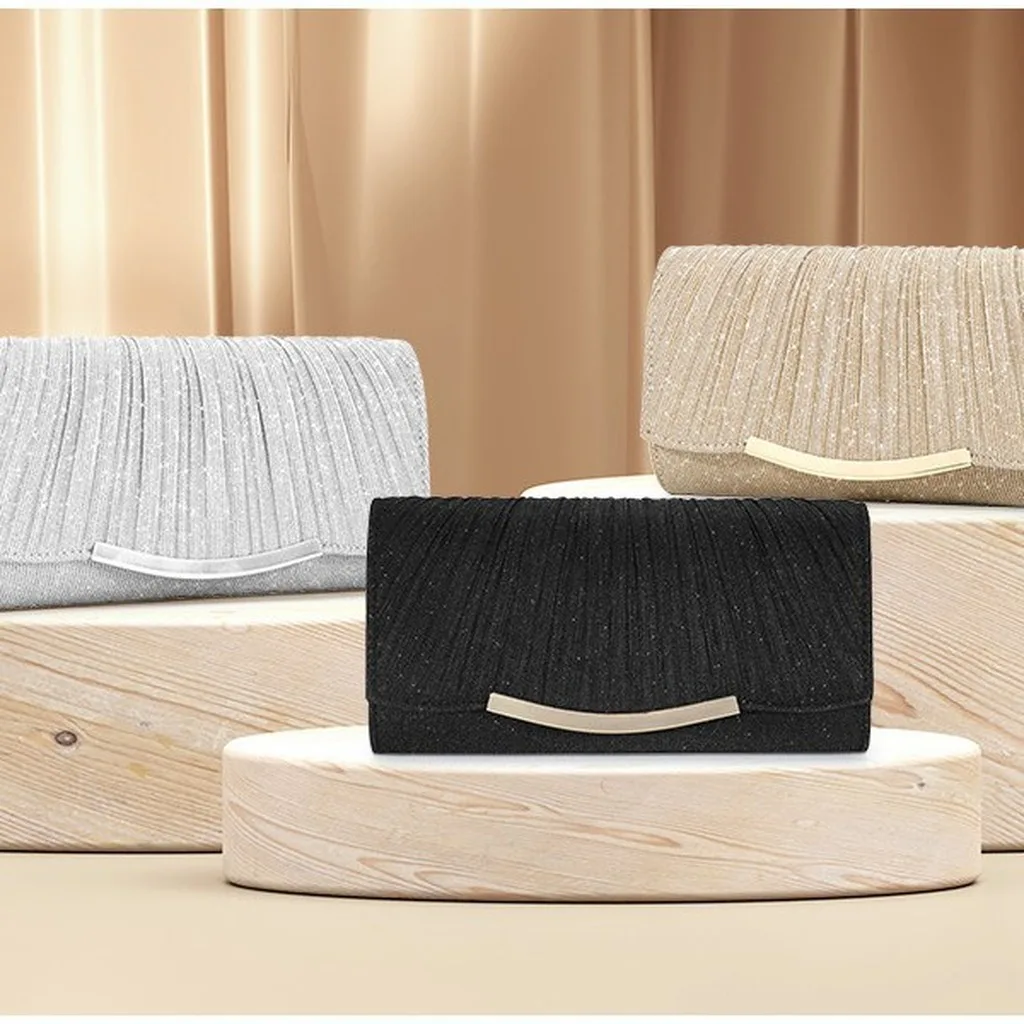 Evening Clutch Bag Practical Glitter Ruched Bag Women'S Clutch Handbag Detachable Crossbody Handbag For Prom Banquet Date